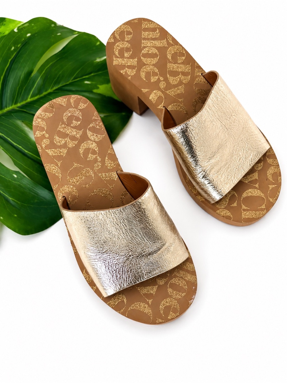See by Chloé Metallic Gold Leather Slide Sandals Block Heel Women’s Size 38